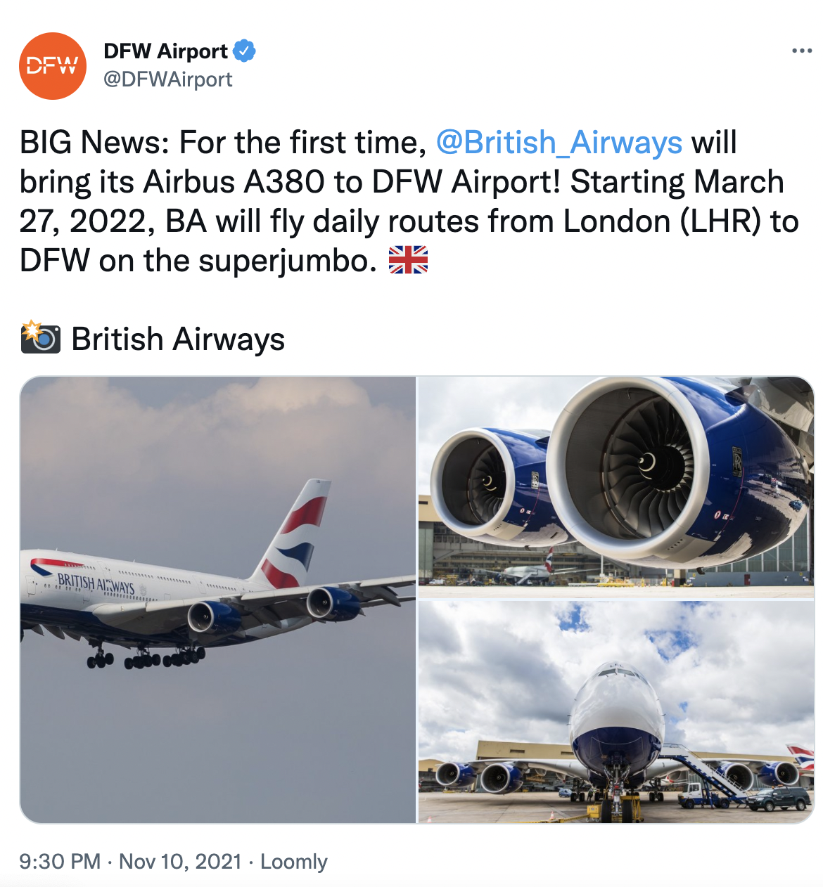 Dallas Fort Worth Airport, British Airways - Airbus A380 for business travel 