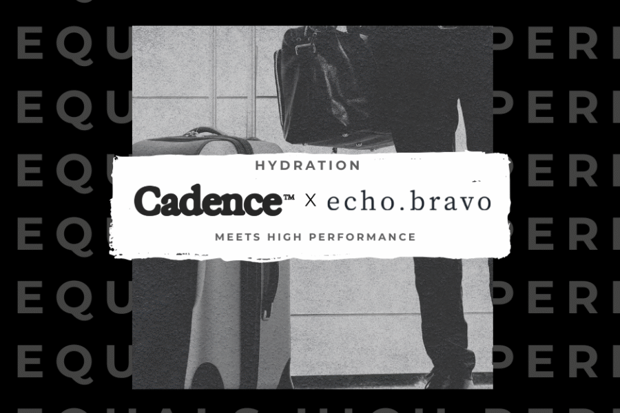 Partnership announcement graphic showing echo.bravo and Cadence logos with the headline “Hydration Meets High Performance” — promoting hydration solutions for business travellers.