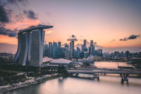 Singapore Marina Bay skyline at sunset, global business travel destination
