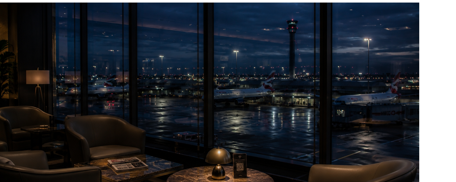 UK MD travel to US — transatlantic crossing as a programme Business class cabin at night representing UK MD travel to US transatlantic programme