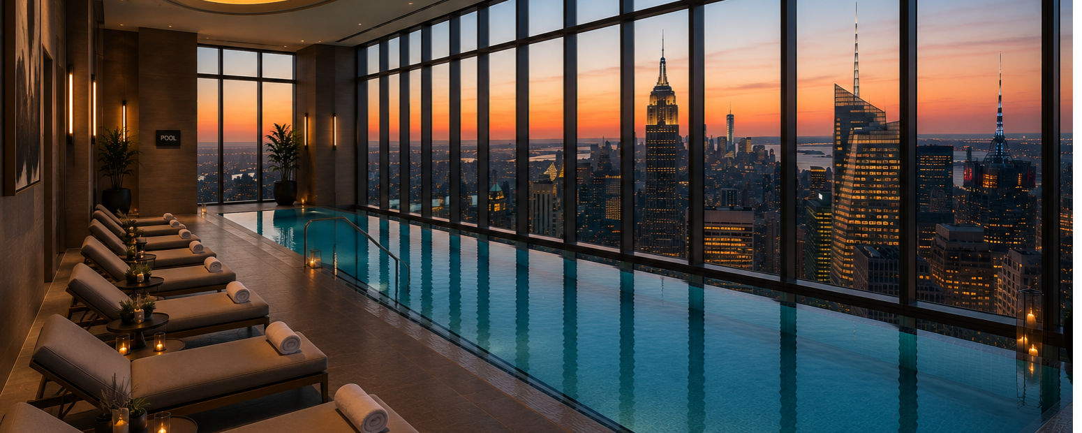 New York hotel pool above Midtown Manhattan representing best business hotels in New York