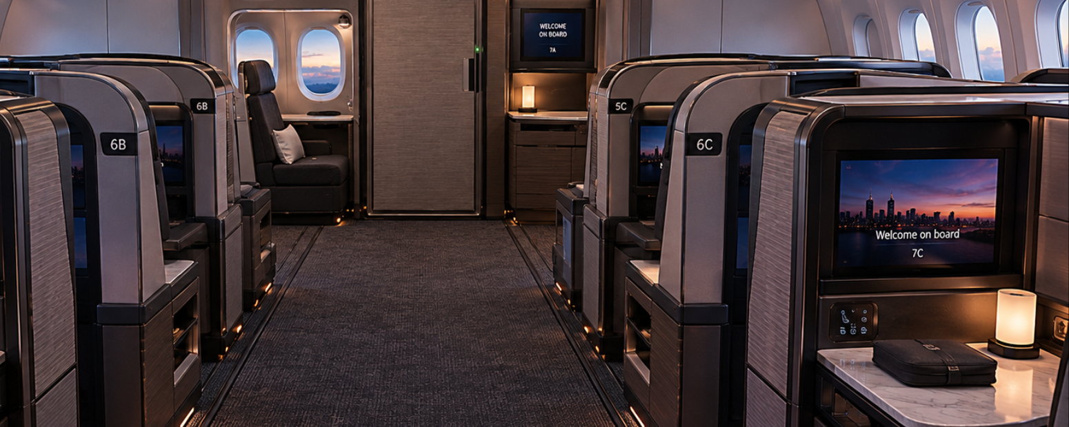 Business class suite interior with closing door representing business class to New York cabin comparison 2026
