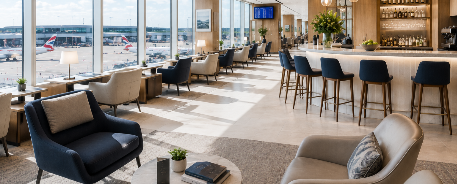 Premium airline business class lounge at Heathrow or JFK representing departure experience for business class to New York