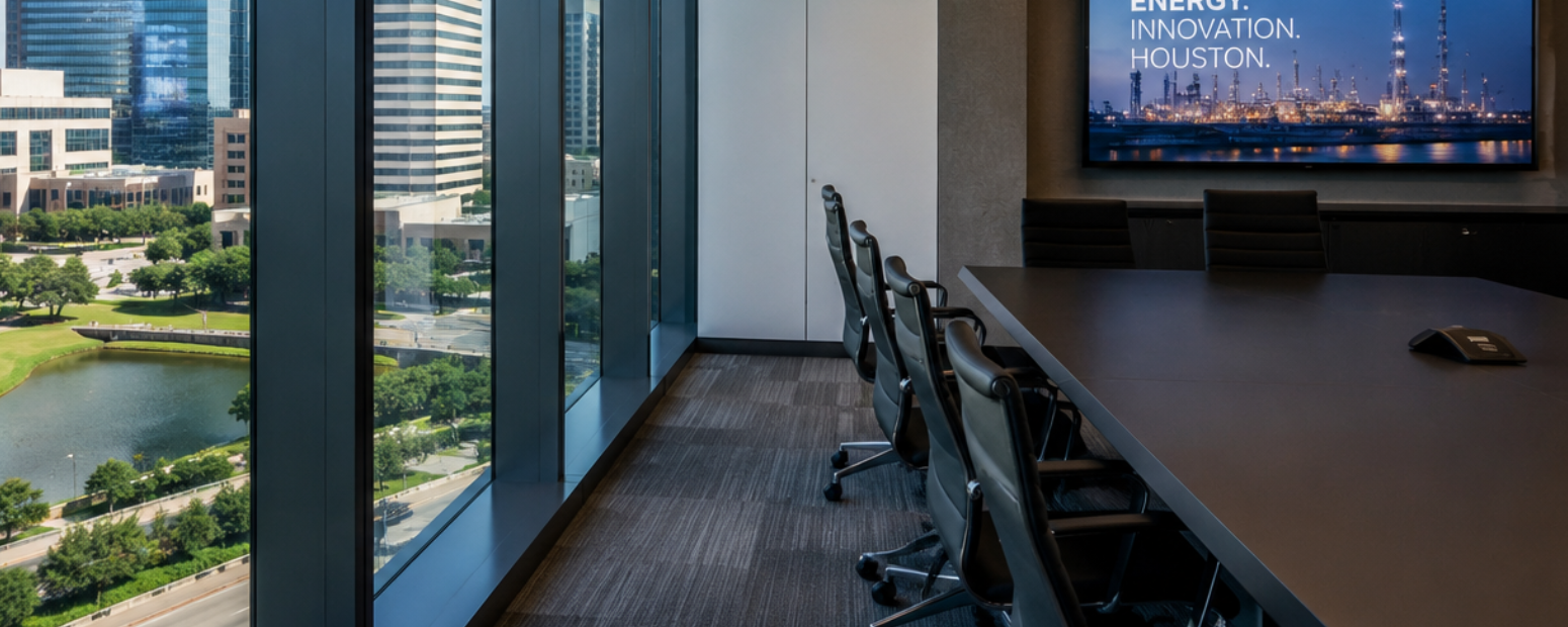 UK business travel Houston — downtown and business districts Houston downtown skyline at dusk representing UK business travel Houston guide