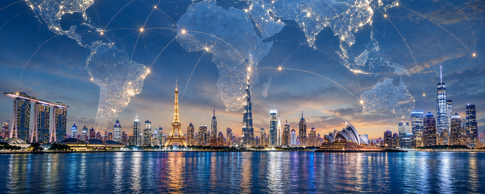 Global city skyline at night representing Internova Travel Group UK global reach
