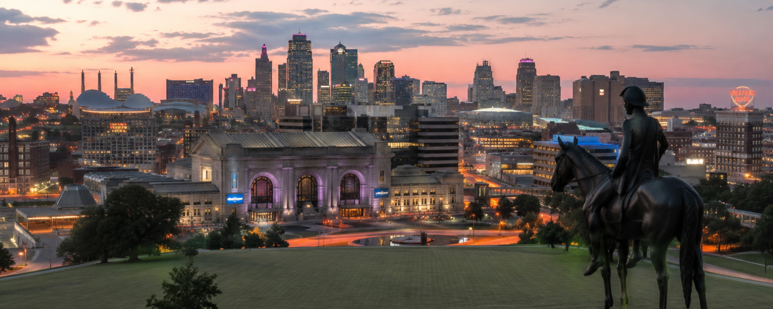UK business travel Kansas City — business culture and accommodation Kansas City business district or premium hotel representing UK business travel Kansas City