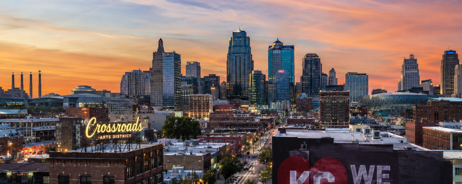 UK business travel Kansas City — downtown and business districts Kansas City skyline or Crossroads Arts District representing UK business travel Kansas City