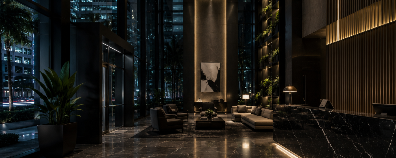 UK business travel Miami — hotels and accommodation guide Premium Miami hotel lobby representing UK business travel Miami accommodation