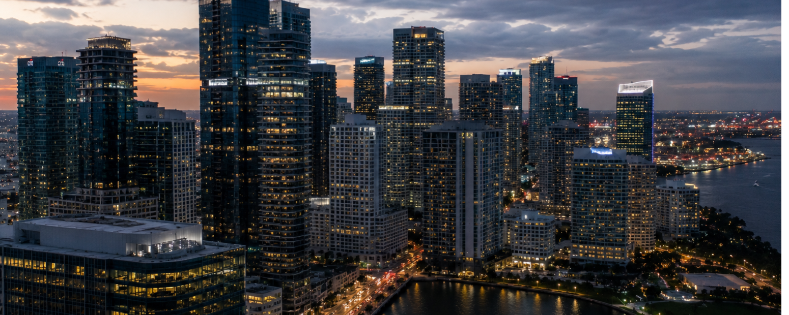 UK business travel Miami — Brickell financial district Miami Brickell financial district skyline representing UK business travel Miami
