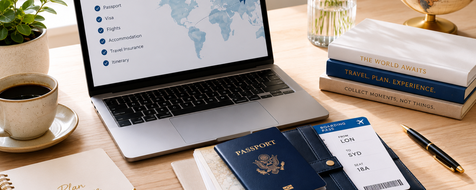 Managing CEO travel as EA — systems and preparation Organised travel documentation and laptop representing EA managing CEO travel