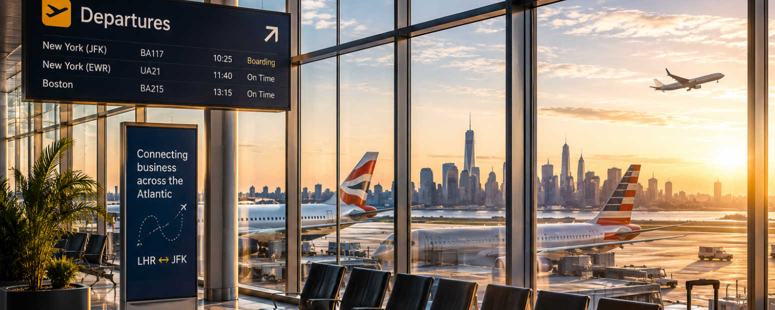 International airport departure hall representing transatlantic business travel management between UK and US