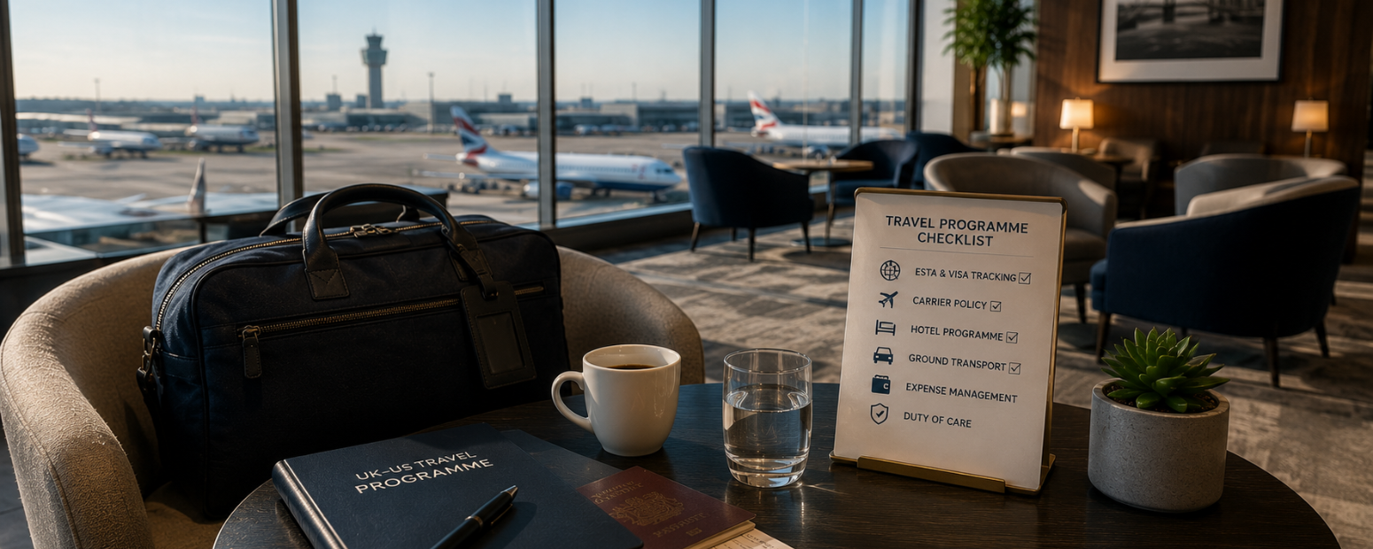 Business traveller in premium lounge representing active UK US travel programme management