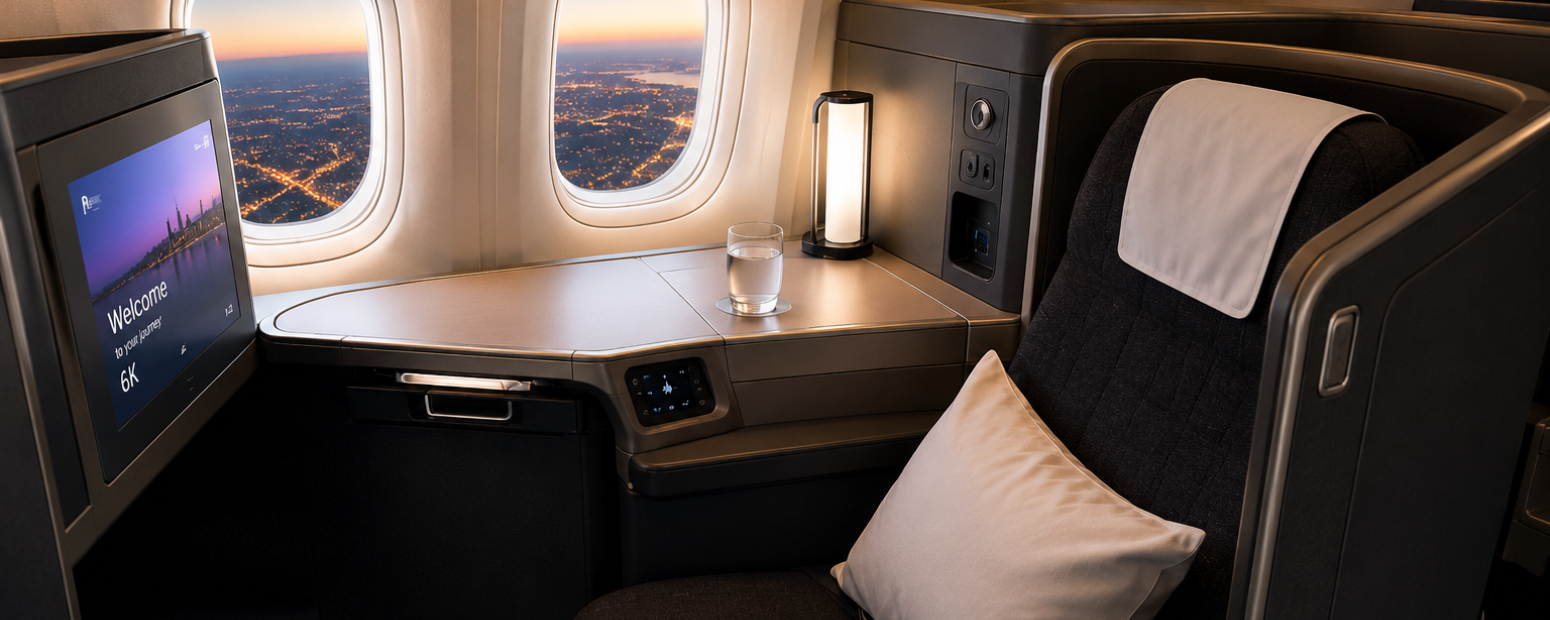 UK business travel Los Angeles — 11-hour flight business class Premium business class suite on long-haul aircraft representing UK business travel Los Angeles flights
