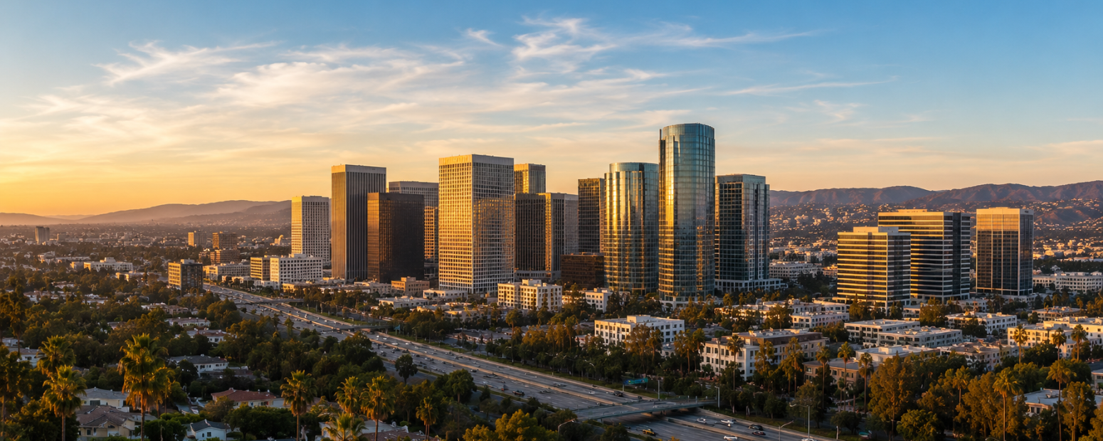 UK business travel Los Angeles — Century City and Beverly Hills Los Angeles Century City skyline representing UK business travel Los Angeles districts guide