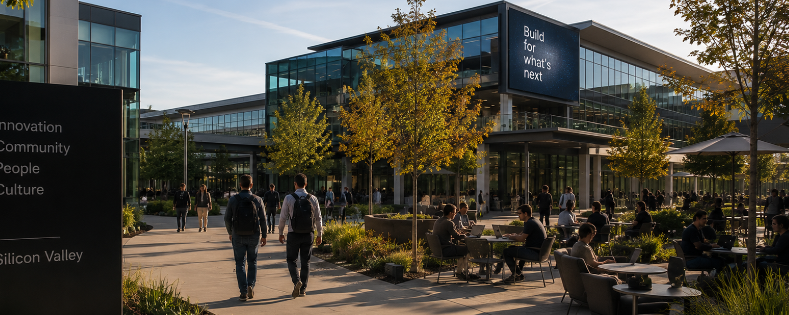 UK business travel San Francisco — Silicon Valley tech culture Silicon Valley tech campus representing UK business travel San Francisco and Bay Area