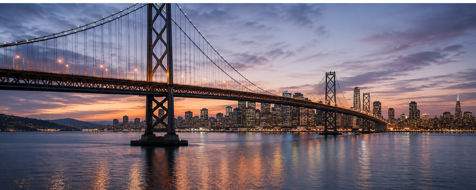 UK business travel San Francisco — the Bay Area San Francisco Bay Bridge at dusk representing UK business travel San Francisco
