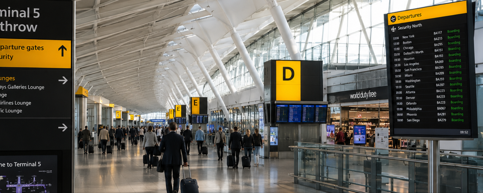 London Heathrow Terminal 5 representing UK business travel to USA departure airports