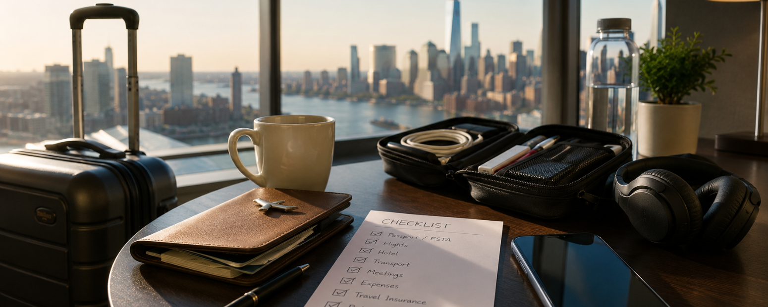 Organised business travel essentials representing US business travel checklist UK