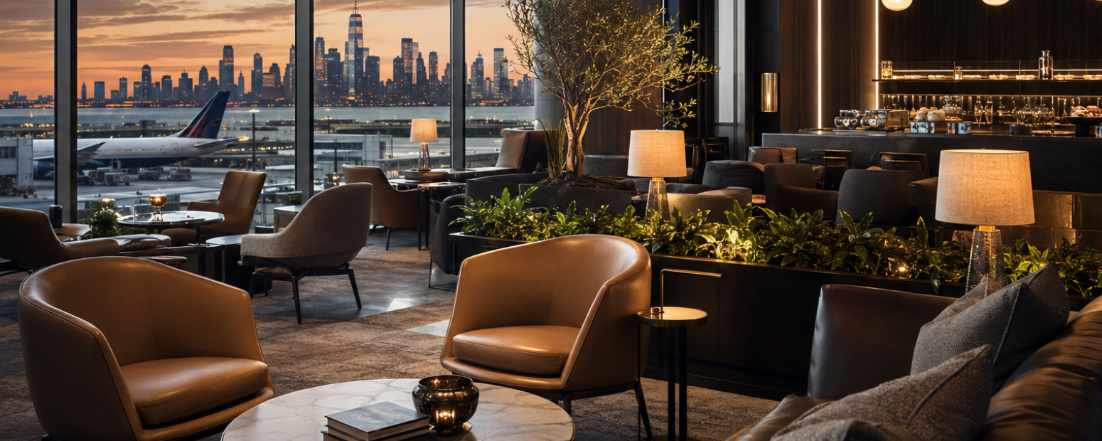 Premium business lounge interior representing echo.bravo transatlantic business travel management service
